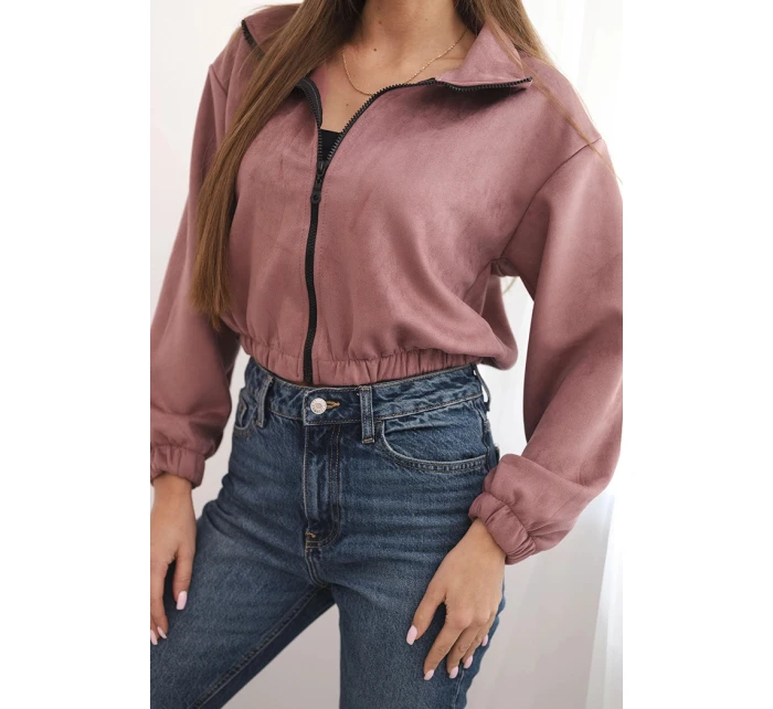 Semišová mikina na zip tmavě růžová