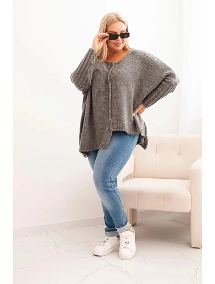 Dámský svetr Plus Size z model 21259036 s volným střihem a 3/4 rukávem grafitový - K-Fashion Dámský svetr Plus Size z model 21259036 s volným střihem a 3/4 rukávem grafitový - K-Fashion