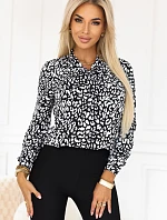 140-28 Blúzka s dlhými rukávmi a viazaním vpredu - čierno-biely vzor