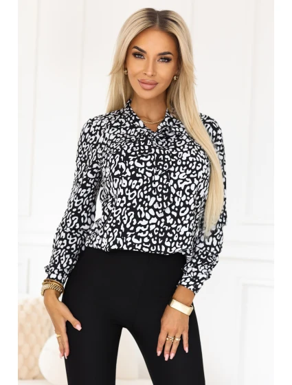 halenka s dlouhým rukávem a zavazováním vpředu černobílý vzor model 21308733 - numoco