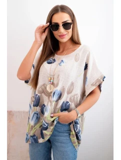 Dámske bavlnené tričko s kvetinovým vzorom béžovej farby