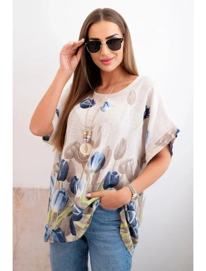 Dámske bavlnené tričko s kvetinovým vzorom béžovej farby Dámske bavlnené tričko s kvetinovým vzorom béžovej farby