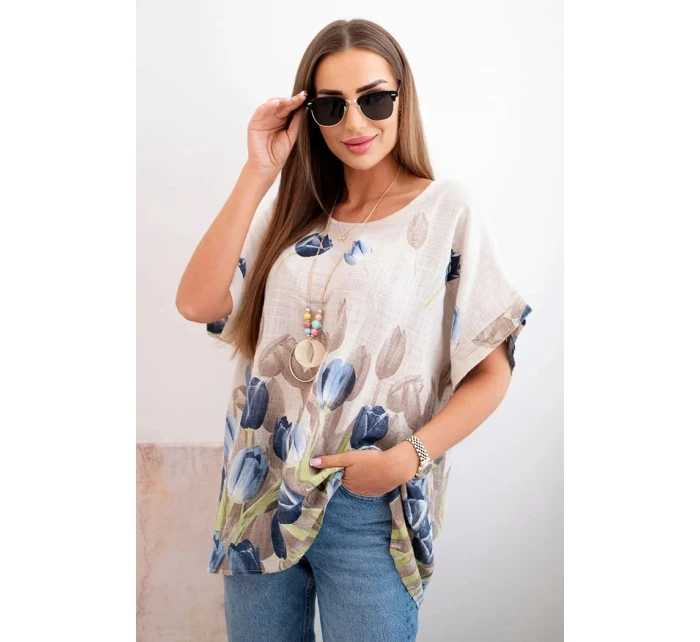 Dámske bavlnené tričko s kvetinovým vzorom béžovej farby Dámske bavlnené tričko s kvetinovým vzorom béžovej farby