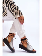 Skórzane Sandały Na Koturnie Nicole 2743/063 Srebrno-Czarne