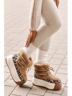 Skórzane Śniegowce Damskie Na Grubej Podeszwie Z Futerkiem Panterka Big Star OO274A208 Brązowe