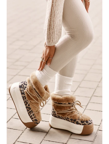 Skórzane Śniegowce Damskie Na Grubej Podeszwie Z Futerkiem Panterka Big Star OO274A208 Brązowe Skórzane Śniegowce Damskie Na Grubej Podeszwie Z Futerkiem Panterka Big Star OO274A208 Brązowe