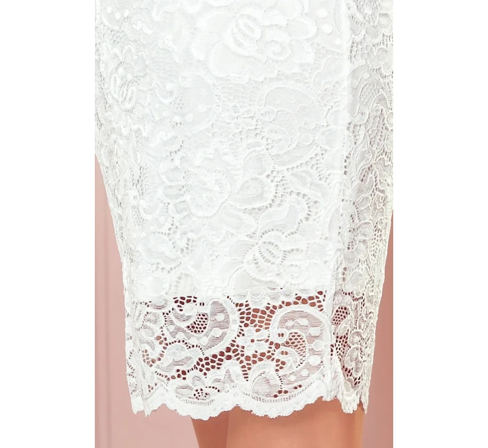 Dámske krajkové šaty v ecru farbe s dlhými rukávmi a výstrihom 170-11