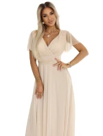 562-6 NASTIA Dlhé šaty s výstrihom a krátkymi rukávmi - BEACH