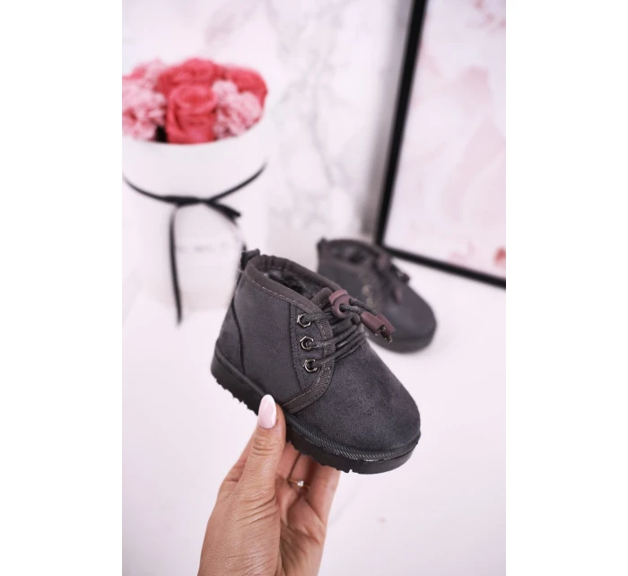 Dziecięce Sznurowane Śniegowce Ocieplone Futerkiem Szare Hunter