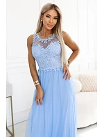 672-1 Romantické svadobné maxi šaty s vyšívanou čipkou a tylom - modré 672-1 Romantické svadobné maxi šaty s vyšívanou čipkou a tylom - modré