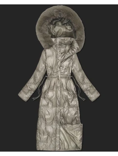 Dlhá béžová dámska prešívaná zimná bunda (T2-2221#-62)