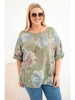 Dámská bavlněná halenka Plus Size s krátkým rukávem a květinovým vzorem khaki Dámská bavlněná halenka Plus Size s krátkým rukávem a květinovým vzorem khaki