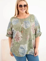 Dámske bavlnené Plus veľkosť blúzka s krátkymi rukávmi a kvetinovým vzorom Khaki
