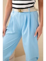 Dámske bavlnené nohavice s vysokým pásom a opaskom modré