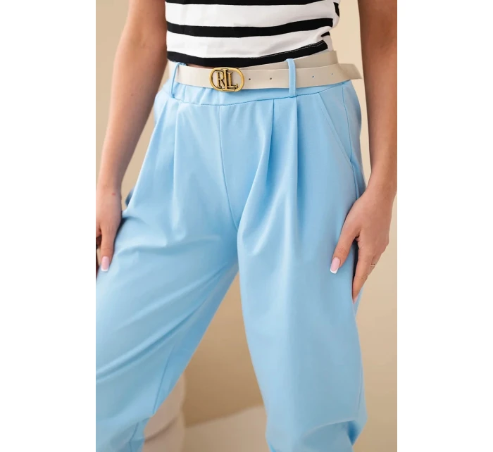 Dámske bavlnené nohavice s vysokým pásom a opaskom modré