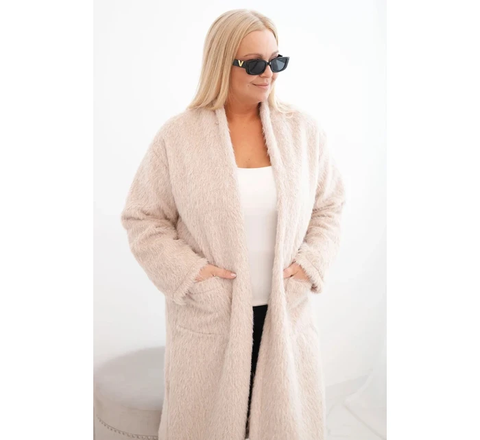 Dámský kabát Plus Size z viskózy bez zapínání s kapsami béžový
