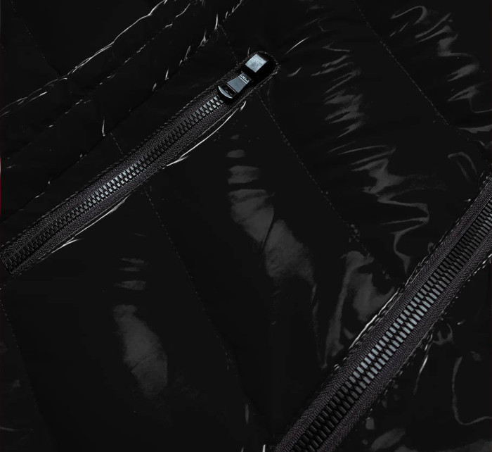 Lesklá čierna dámska bunda s ozdobnou podšívkou (XW810X)