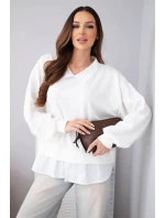 Dámska maslová viskózna mikina s košeľovou vložkou biela