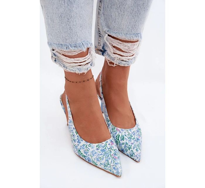 Ozdobené dámské sandály na jehlovém podpatku s květinovým vzorem modré Olivelle