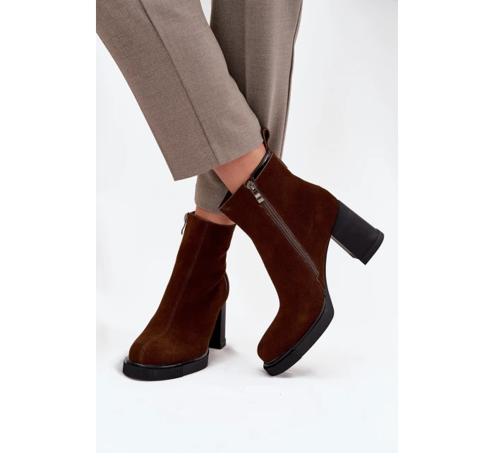 Botki Damskie Z Naturalnego Zamszu Na Słupku Ocieplane Vinceza 91141 Brązowe