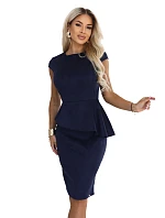 model 22349685 Elegantní semišové midi šaty s volánkovým pasem – tmavě modré - numoco model 22349685 Elegantní semišové midi šaty s volánkovým pasem – tmavě modré - numoco