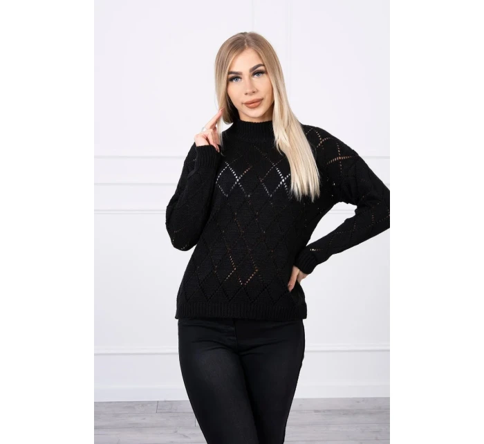 Sveter s polovičným rolákom a kosoštvorcovým vzorom čierny