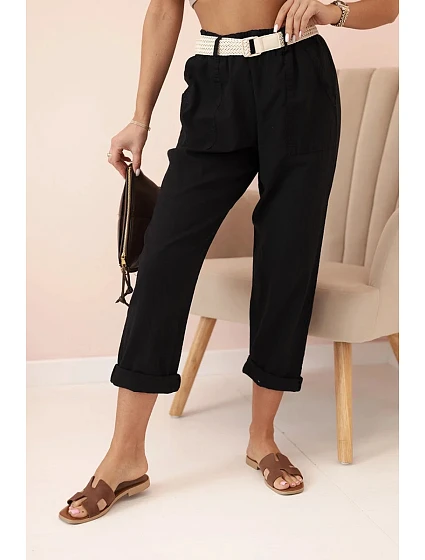 Dámské model 21035575 kalhoty s bavlnou a páskem černé - K-Fashion