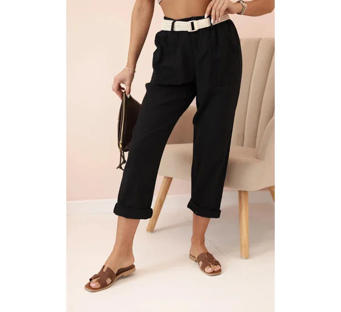 Dámské model 21035575 kalhoty s bavlnou a páskem černé - K-Fashion