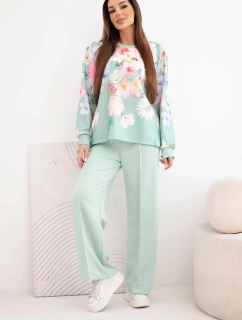 Dámsky maslový viskózový set s kvetmi so širokými nohavicami tmavý mätový
