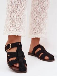 Dámské ploché nazouváky s pásky a zlatým přezkou Černé model 22032112 - Boto