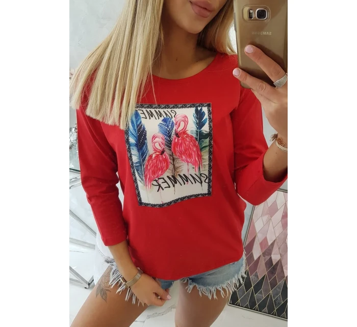 Blúzka s 3D grafikou plameniaka červená