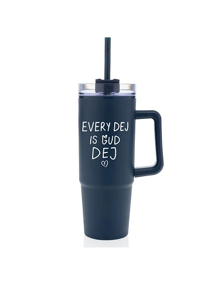 EVERY DEJ IS GUD DEJ - tmavomodrý cestovný hrnček s priehľadným viečkom 900 ml