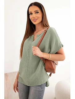 Dámska bavlnená blúzka oversize s výstrihom do V a khaki čipkou