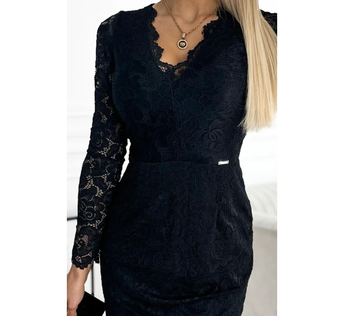 170-13 Čipkované šaty s dlhými rukávmi a výstrihom - BLACK