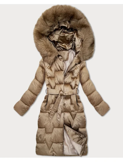 Béžová dámská zimní bunda s páskem model 21439644 - S'WEST Béžová dámská zimní bunda s páskem model 21439644 - S'WEST