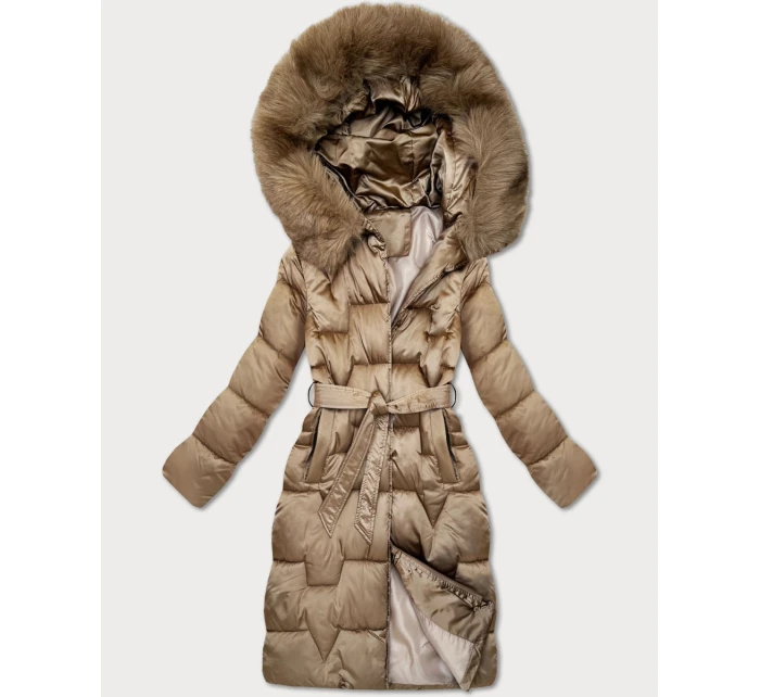 Béžová dámská zimní bunda s páskem model 21439644 - S'WEST Béžová dámská zimní bunda s páskem model 21439644 - S'WEST