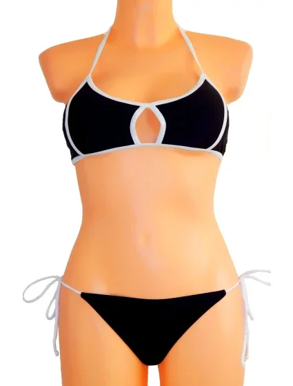 Dámske plavky dvojdielne sexi bikiny Sultry polstrované košíčky zdobené bielymi lemami čierne - Čierna - OEM