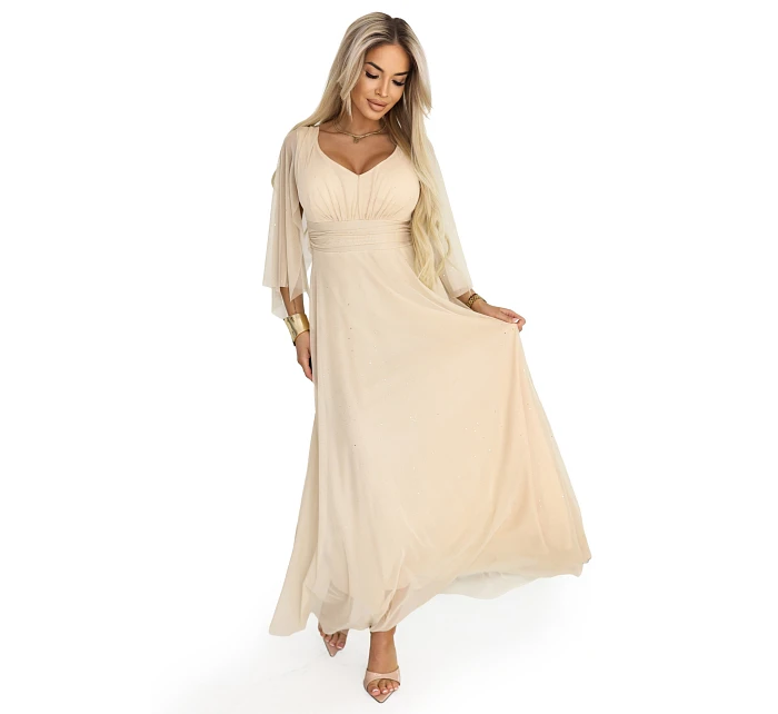 Dlhé ľahké trblietavé šaty 655-4 béžová - Numoco