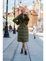 Dlhá zimná bunda s kožušinovým golierom khaki (j9-071)