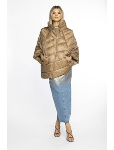 Tmavo béžová dámska bunda pončo s ozdobnými zipsami AnnGissy (AG1-J9171)
