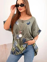 Dámske bavlnené tričko s kvetinovým vzorom khaki