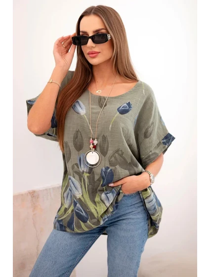 Dámske bavlnené tričko s kvetinovým vzorom khaki Dámske bavlnené tričko s kvetinovým vzorom khaki