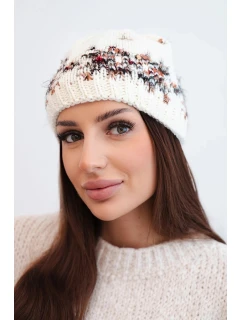 Dámska zimná čiapka s nórskym vzorom a silným úpletom K351 ecru+red