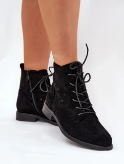 Dámske šnurovacie členkové topánky s perforovaným vzorom - čierne S.Barski