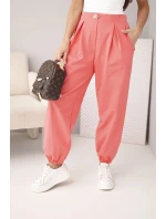 Dámské bavlněné kalhoty s vysokým pasem a ozdobným knoflíkem růžové