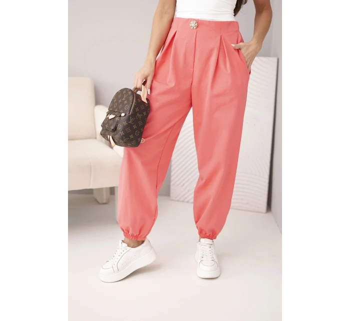 Dámské bavlněné kalhoty s vysokým pasem a ozdobným knoflíkem růžové