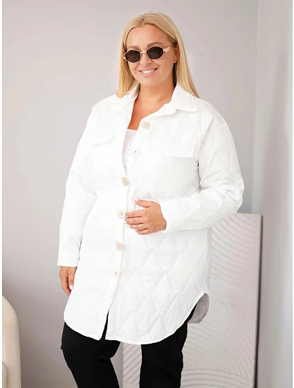 Dámska prešívaná bunda vo veľkosti Plus Size s golierom a vreckami, biela