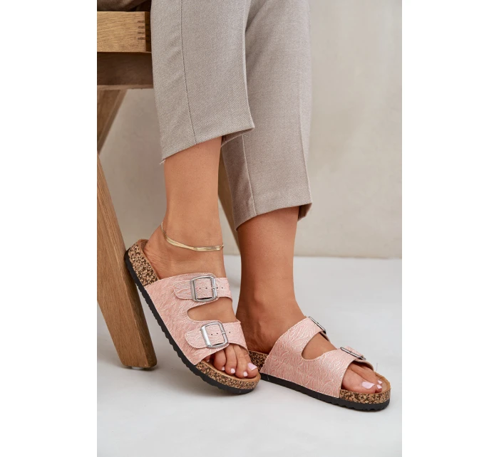 Materiałowe Klapki Na Korkowej Podeszwie Z Klamrami Różowe Atera