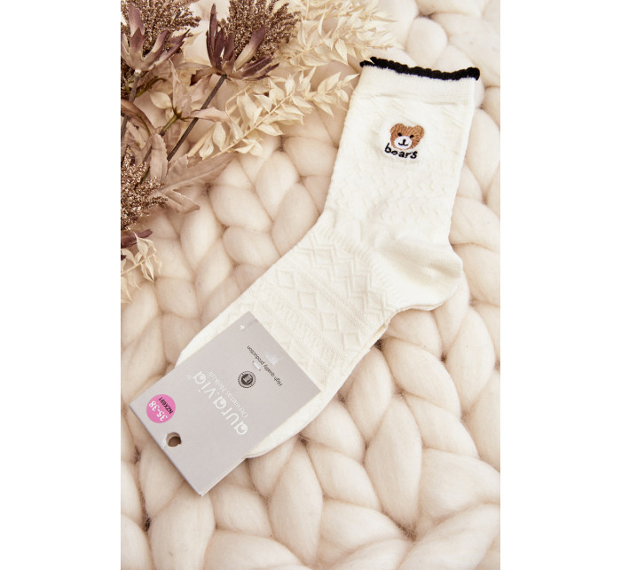 Vzorované dámske ponožky s medvedíkom, biele