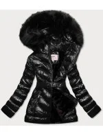 Čierna lesklá zimná bunda s machovou kožušinovou podšívkou (w673)